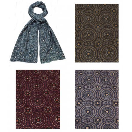 An assortment of 4 contemporary patterned scarves in warming seasonal colours.