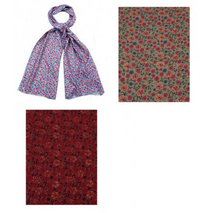 An assortment of 3 pretty ditsy rose scarves in rich seasonal colours. A great gift item and fashion accessory.