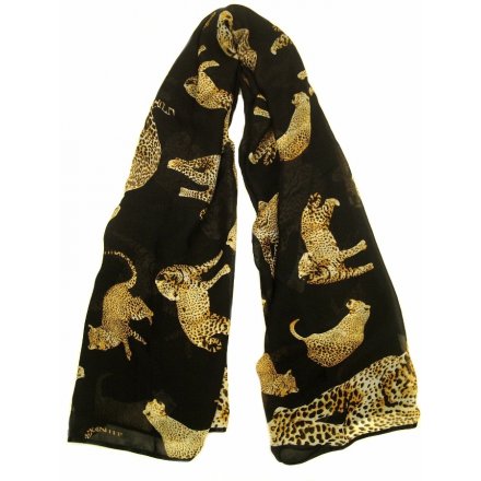 An assortment of fashionable chiffon scarves with a cheetah design. A great fashion accessory and gift item.