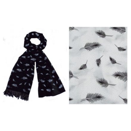 An assortment of 2 stylish scarves in black and white colours, each with a feather design.