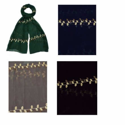 A mix of 4 richly coloured scarves with gold embroidery. Stylish fashion accessories which make beautiful gifts