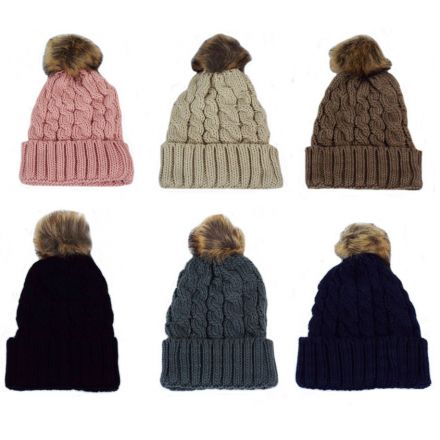 A mix of 6 knitted hats with faux fur pom poms. An on trend and stylish item in an assortment of colours.