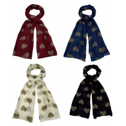 An assortment of 4 stylish scarves each with a leopard print heart design. A great gift item and fashion accessory. 