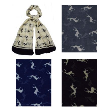Stay on trend this season with this assortment of scarves with stag design.