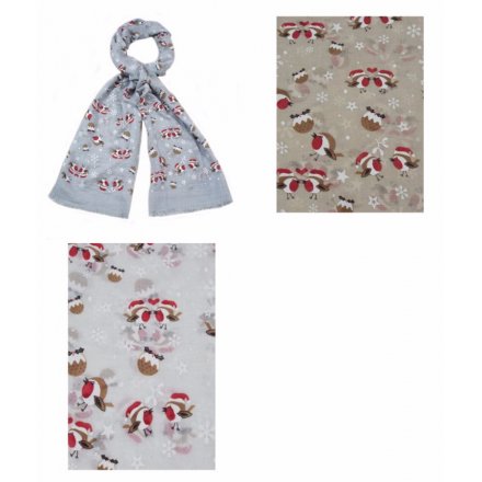 An assortment of 3 charming Christmas scarves featuring a robin and Christmas pudding design.