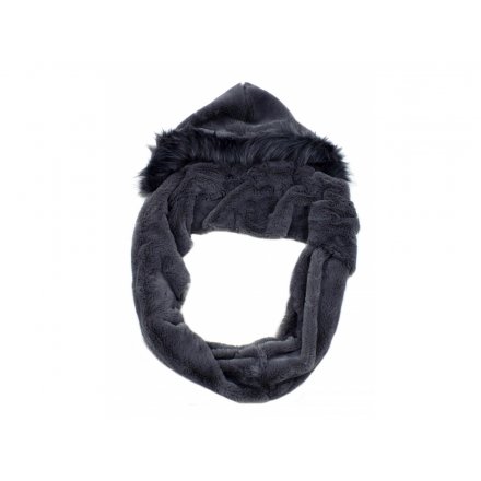 A cosy and stylish snood with faux fur trim hood. A lovely gift item this season.