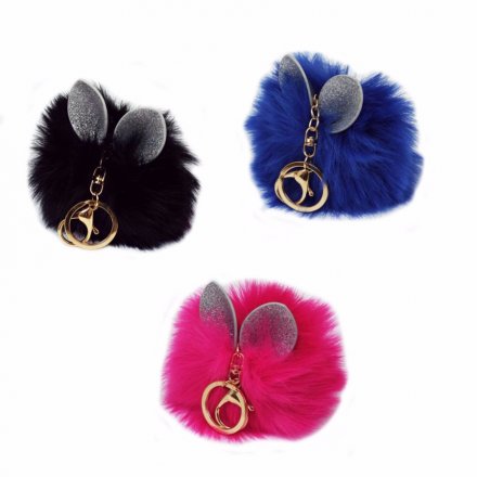 A mix of 3 fashionable pom pom key rings with glitter bunny ears.