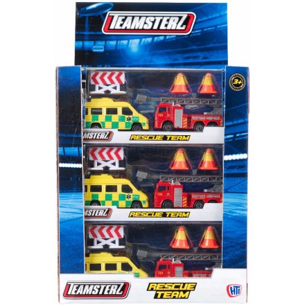 Team rescue toy set including fire engine and ambulance.