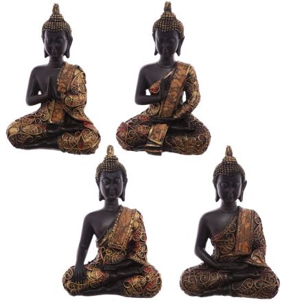 A mix of 4 sitting buddha ornaments, each in a different pose. Finished with rich copper and gold colours.