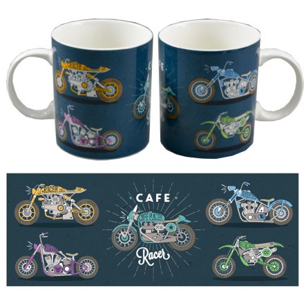 A contemporary style motorbike design mug with matching gift box. A great gift idea!