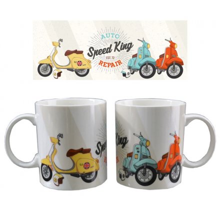 A contemporary design scooter mug by Jack Evans with matching gift box.