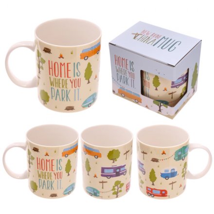 Home is where you park it. A graphic design caravan mug with gift box.