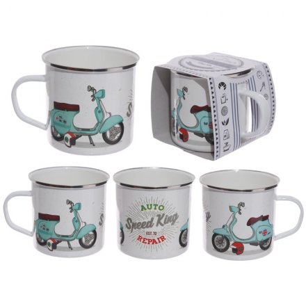A retro style tin mug with a scooter design. A great gift item.