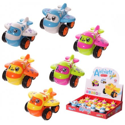 A mix of fun and colourful push along aircraft toys in orange, blue and pink designs.