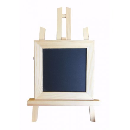 A wooden chalkboard easel perfect for displays, events and memos. A fun and unique memo board!