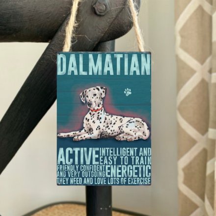 A mini metal sign with a Dalmatian illustration with characteristics listed.