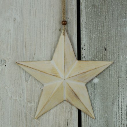 A rustic style wooden star hanger in a 3D design.