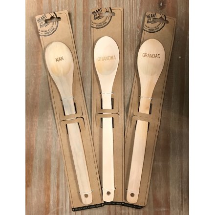 An assortment of 3 wooden spoons with carved Nan, Grandma and Grandad. A great gift item and stocking filler.