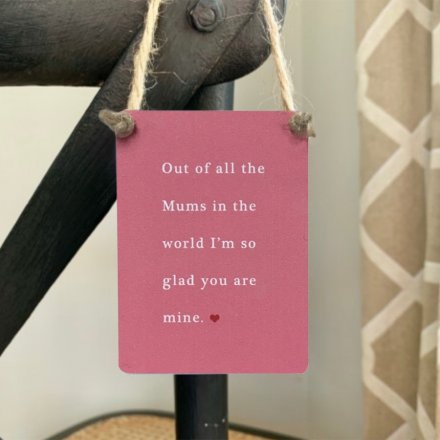 Out of all the Mums in the world I'm so glad you are mine. An exclusive mini metal sign with jute hanger.
