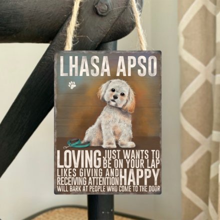  quirky metal sign with an informative display of what traits a lhasa apso has.   Sweet little sign for any dog lover 