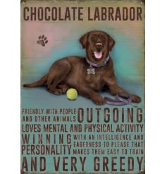   A hanging metal sign featuring a dog breed decal and added scripted text 