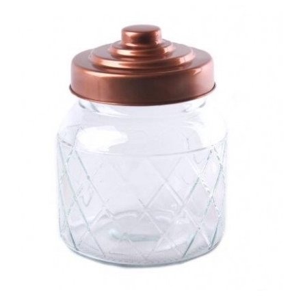  This stylish diamond ridged glass jar complete with a copper tiered lid is perfect for any home