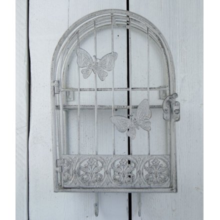 Antique Grey Metal Cage w Butterfly Detail 24cm