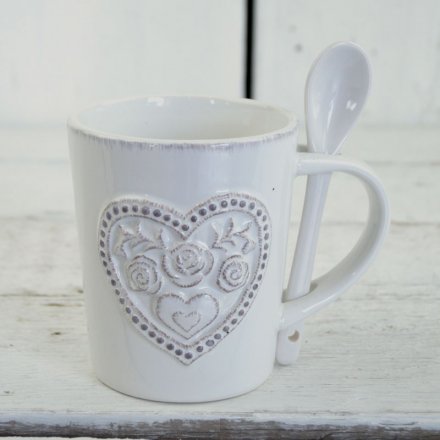 Floral Ceramic Heart Mug and Spoon