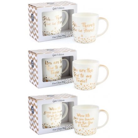 A mix of 3 gold and white Gin slogan mugs with matching gift boxes. From the popular Mad Dots range.