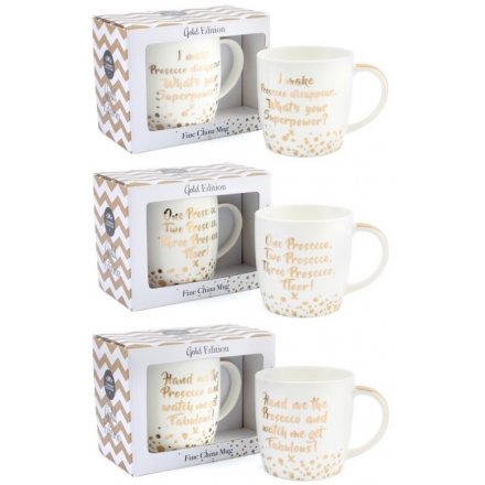 A mix of 3 gold and white slogan Prosecco mugs from the popular Mad Dots range. A great gift item!