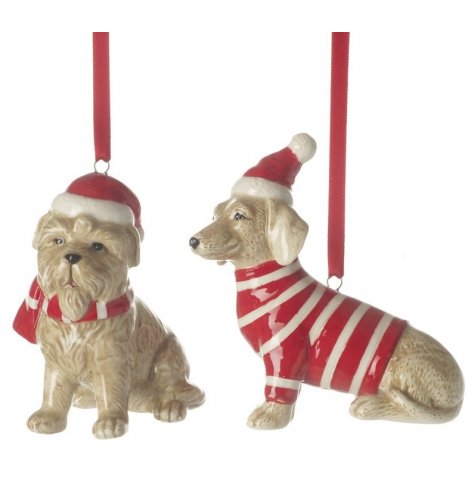 Beautifully detailed ceramic dog decorations with Christmas jumper, scarf and Santa hats.
