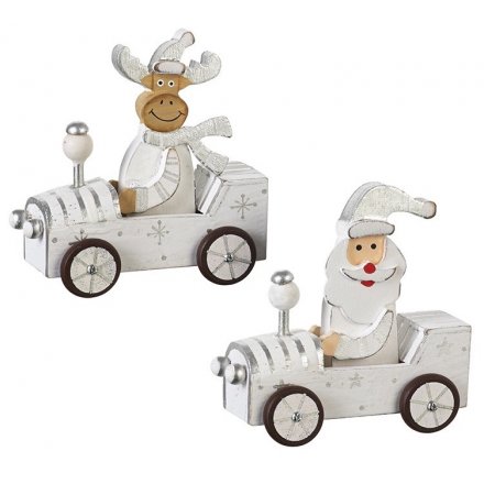White Wooden Santa/Snowman In Cars 