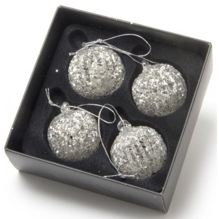 A set of 4 glass glitter baubles with spun glass.