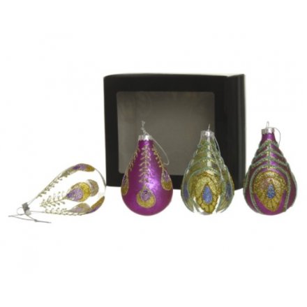 A set of 4 glitter peacock design decorations in a teardrop shape. Perfect for adding some vintage colour to the home.