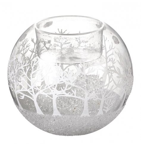A stunning glass bauble with a glass t-light holder, decorated with a silver glitter forrest scene