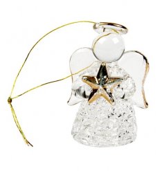 A glass angel decoration with a gold star and ribbon to hang.