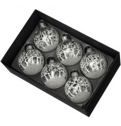 A pack of 6 glass baubles each with a snowy Christmas scene.