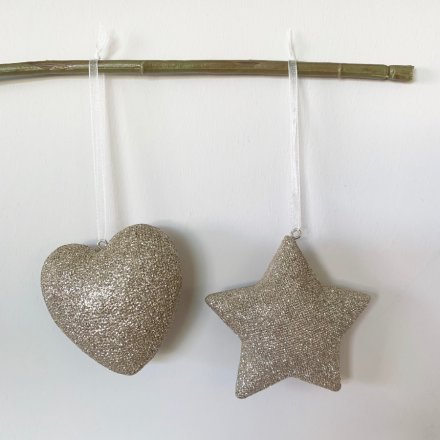A mix of 2 gold glitter hanging decorations with plenty of seasonal sparkle.
