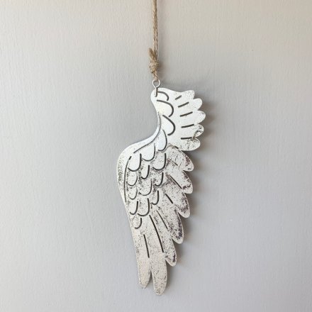 A beautiful and unique silver metal angel wing hanging decoration. A must have this season.