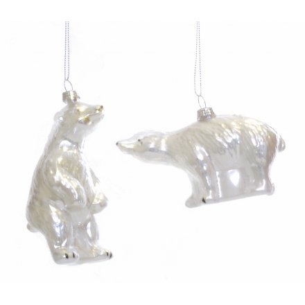 Glass Hanging Silver Polar Bear Decoration 10.5cm