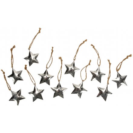 A box of 12 silver star decorations each with a rustic jute string hanger.