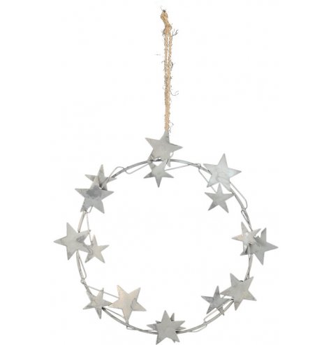 A rustic inspired silver wreath hanger with a cluster of metal stars and jute string hanger.