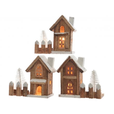 LED Light Up Wooden houses, 3 Assorted
