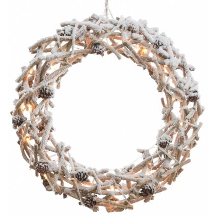 Rattan Snow Light Up Wreath 40cm