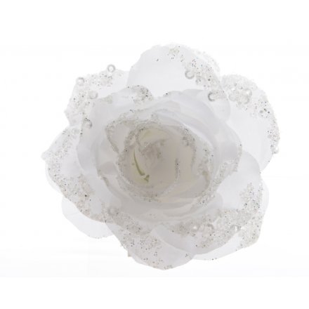 Glittered White Rose Clip