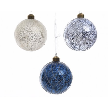 White / Blue Ice Glass Glitter bauble, 3 Assorted