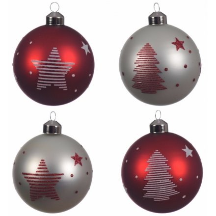 Red and White Striped Glitter Baubles Asstd 8cm
