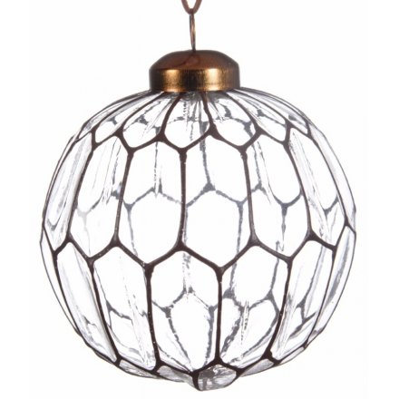 A box of 3 clear glass baubles with bronze lacquer honeycomb pattern
