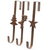 An assortment of 3 iron Christmas wreath hangers with festive designs 