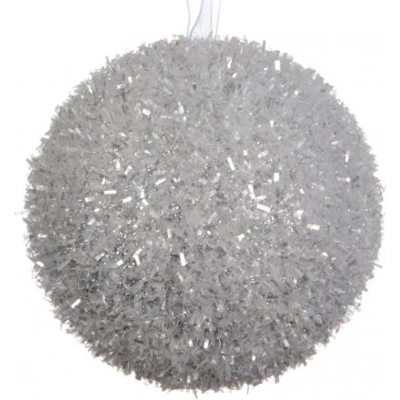 A silver ice glitter bauble. A chic accessory for your tree this season.